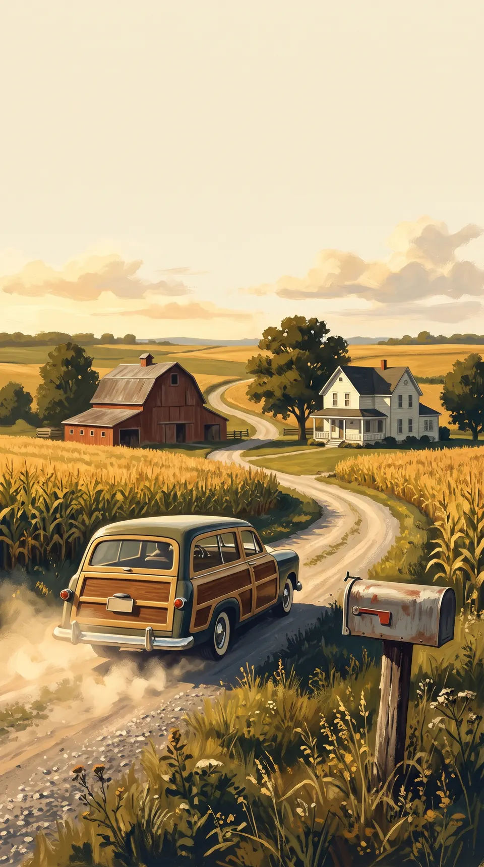 Painting of a wood-sided station wagon kicking up dust on a gravel road past a red barn, a white farmhouse and ripe corn at golden hour